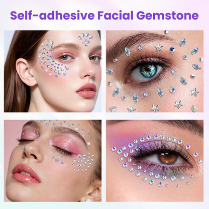 Rosiour 1642Pcs Self-Adhesive Face Jewels Eye Rhinestones - 6 Styles Hair & Body Gems Stick On for Women Makeup, Rave Accessories for Nail Art, DIY Crafts & Festival Decorations