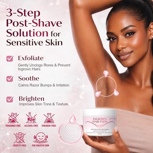 Ingrown Hair Treatment Pads for Face, Bikini Area, Underarms, Neck, Legs – BHA + AHA Soothe Razor Bumps After Shave & Waxing – 50 Pads Avelisse