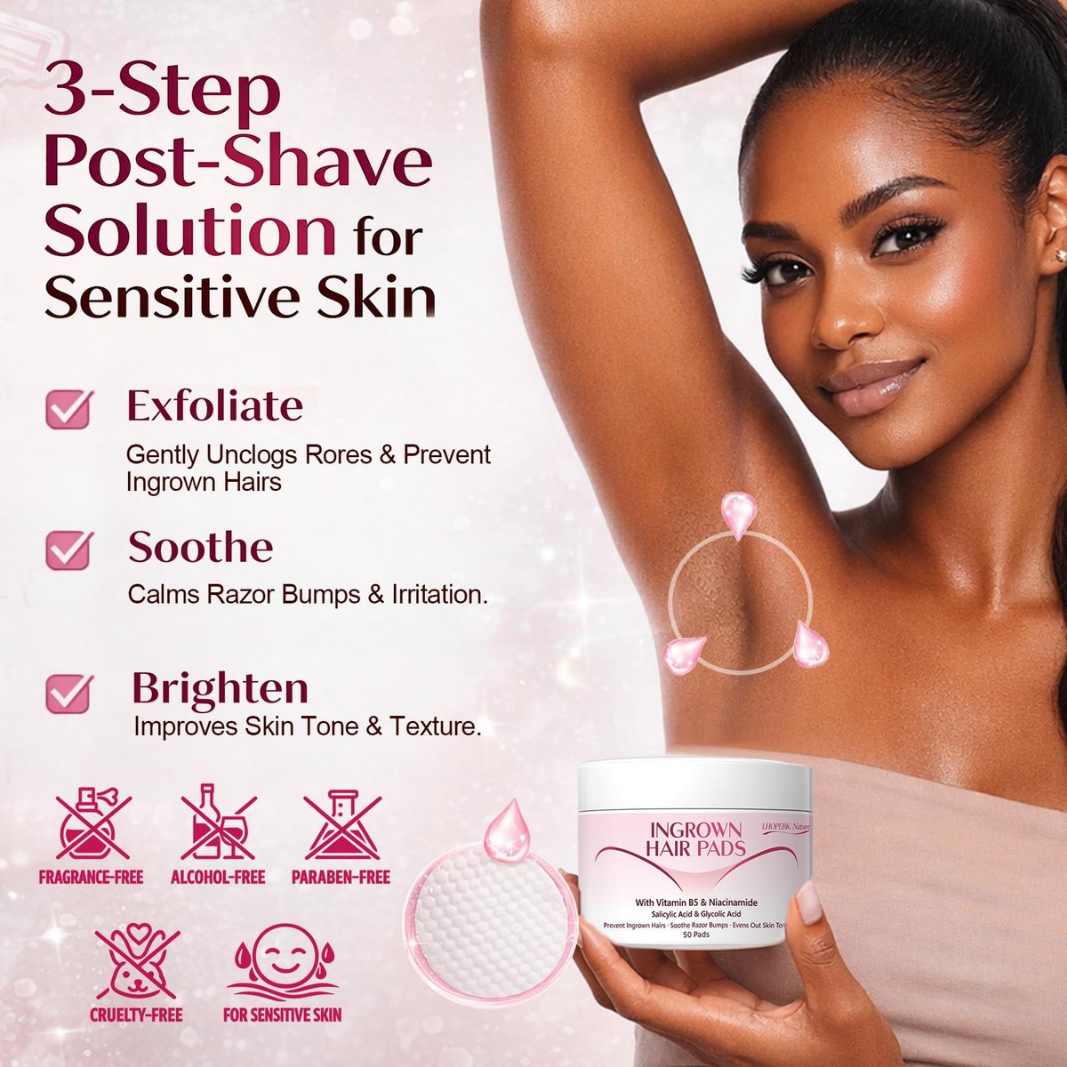 Ingrown Hair Treatment Pads for Face, Bikini Area, Underarms, Neck, Legs – BHA + AHA Soothe Razor Bumps After Shave & Waxing – 50 Pads Avelisse