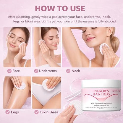 Ingrown Hair Treatment Pads for Face, Bikini Area, Underarms, Neck, Legs – BHA + AHA Soothe Razor Bumps After Shave & Waxing – 50 Pads Avelisse