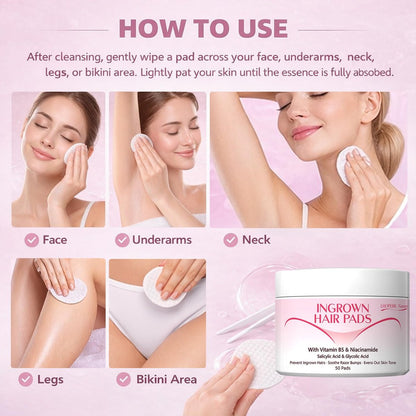 Ingrown Hair Treatment Pads for Face, Bikini Area, Underarms, Neck, Legs – BHA + AHA Soothe Razor Bumps After Shave & Waxing – 50 Pads Avelisse