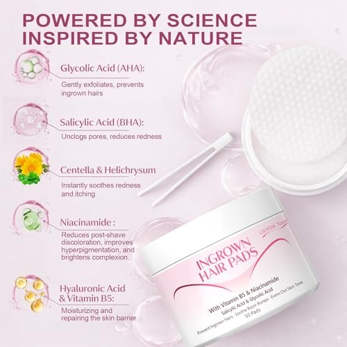 Ingrown Hair Treatment Pads for Face, Bikini Area, Underarms, Neck, Legs – BHA + AHA Soothe Razor Bumps After Shave & Waxing – 50 Pads Avelisse