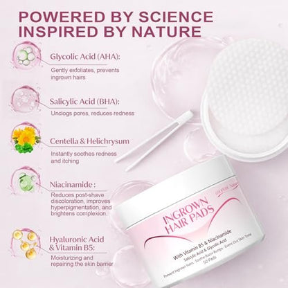 Ingrown Hair Treatment Pads for Face, Bikini Area, Underarms, Neck, Legs – BHA + AHA Soothe Razor Bumps After Shave & Waxing – 50 Pads Avelisse