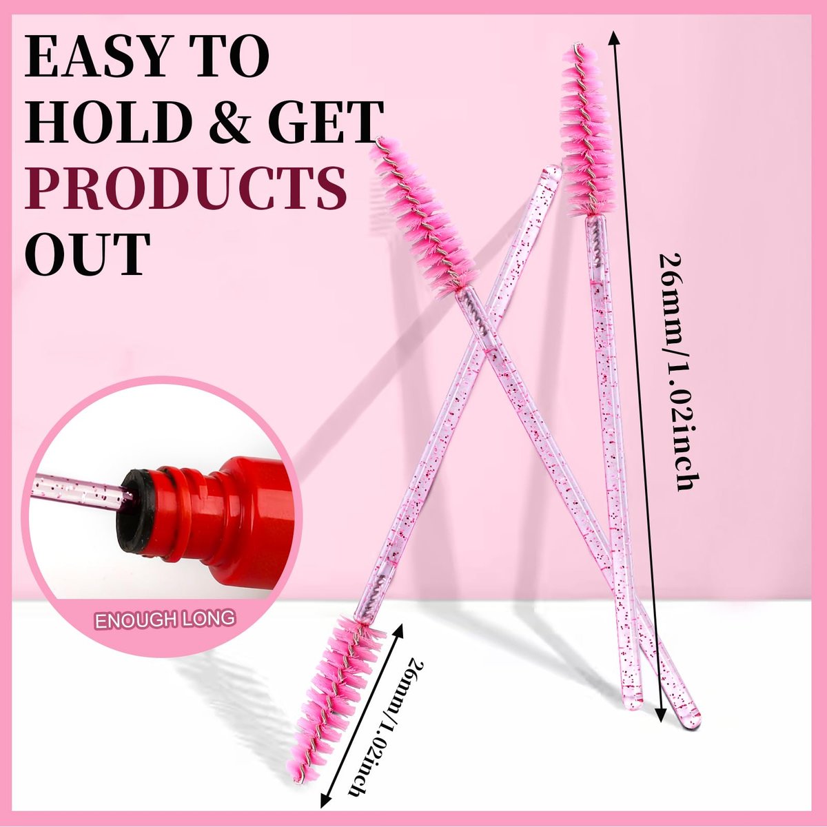 Teenitor 300PCS Disposable Mascara Wands - Crystal Pink Lash Spoolies for Eyelash Extensions & Eyebrow Grooming - görsel 3