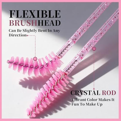 Teenitor 300PCS Disposable Mascara Wands - Crystal Pink Lash Spoolies for Eyelash Extensions & Eyebrow Grooming