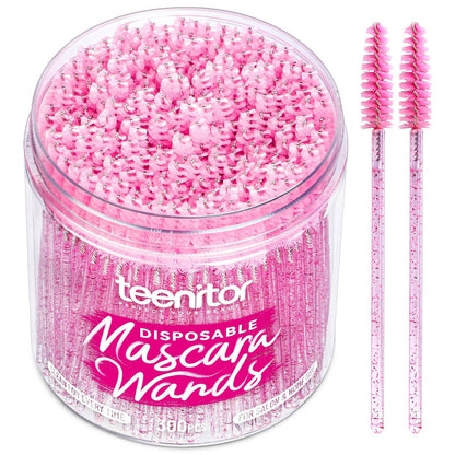 Teenitor 300PCS Disposable Mascara Wands - Crystal Pink Lash Spoolies for Eyelash Extensions & Eyebrow Grooming