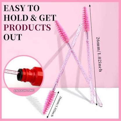 Teenitor 300PCS Disposable Mascara Wands - Crystal Pink Lash Spoolies for Eyelash Extensions & Eyebrow Grooming