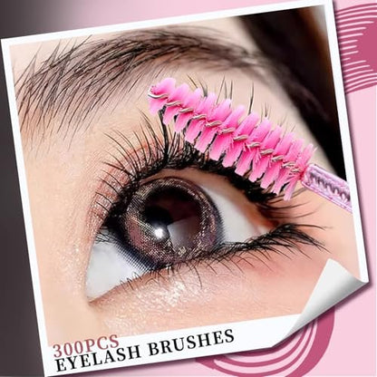 Teenitor 300PCS Disposable Mascara Wands - Crystal Pink Lash Spoolies for Eyelash Extensions & Eyebrow Grooming