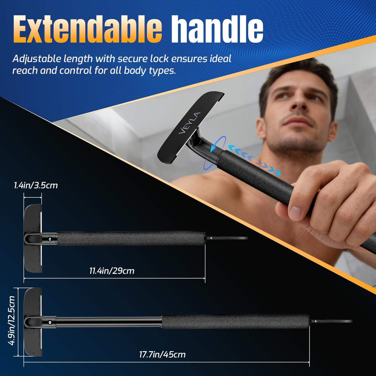 VEYLA Professional Skin-Safe Zero-Cut Back Shaver for Men – Extendable Aluminum Alloy Handle Up to 17.7 Inches, Wet & Dry Use Body Hair Trimmer and Groomer, DIY Nick-Free Mens Back Shaver (1 Pack) Avelisse