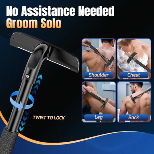 VEYLA Professional Skin-Safe Zero-Cut Back Shaver for Men – Extendable Aluminum Alloy Handle Up to 17.7 Inches, Wet & Dry Use Body Hair Trimmer and Groomer, DIY Nick-Free Mens Back Shaver (1 Pack) Avelisse