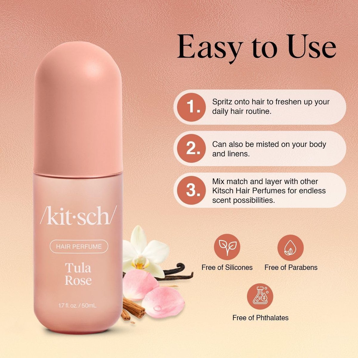 Kitsch Hair Perfume for Women - Tula Rose | Clean, Deodorizing & Patented Odor-Eliminating Technology Hair Spray & Body Mist - Floral Vanilla Scent – 50mL - görsel 7