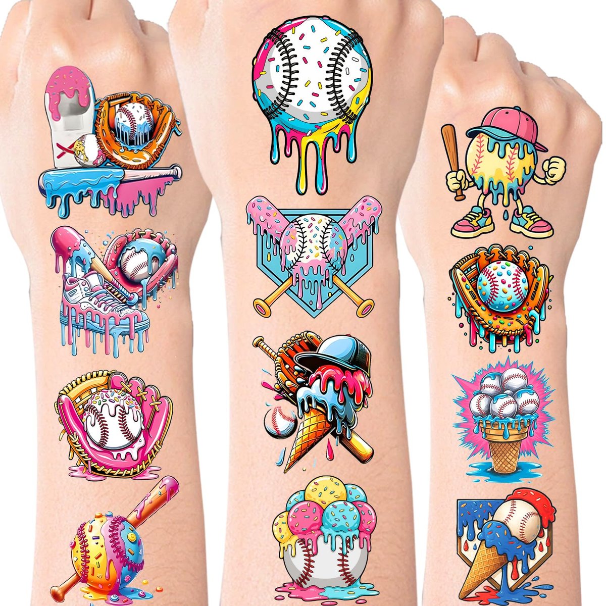 Colorful Baseball Ice Cream Drip Temporary Tattoos Stickers for Sport Team Birthday Party Favors - görsel 1