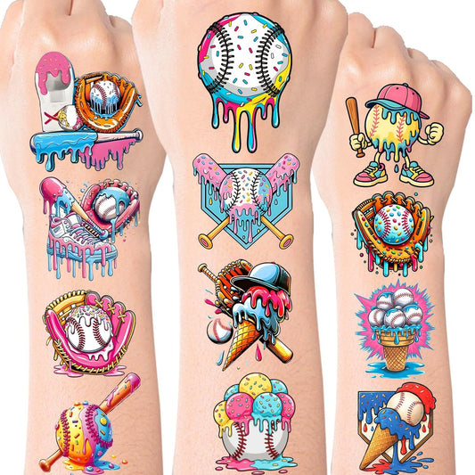 Colorful Baseball Ice Cream Drip Temporary Tattoos Stickers for Sport Team Birthday Party Favors
