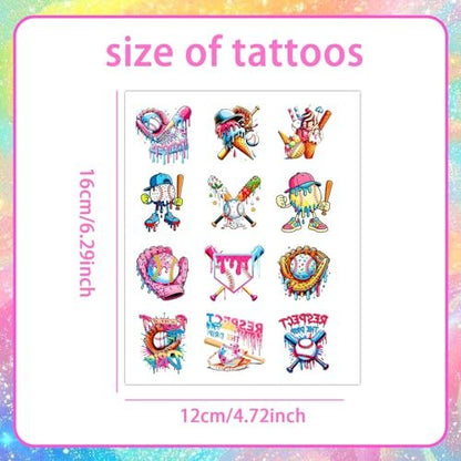Colorful Baseball Ice Cream Drip Temporary Tattoos Stickers for Sport Team Birthday Party Favors