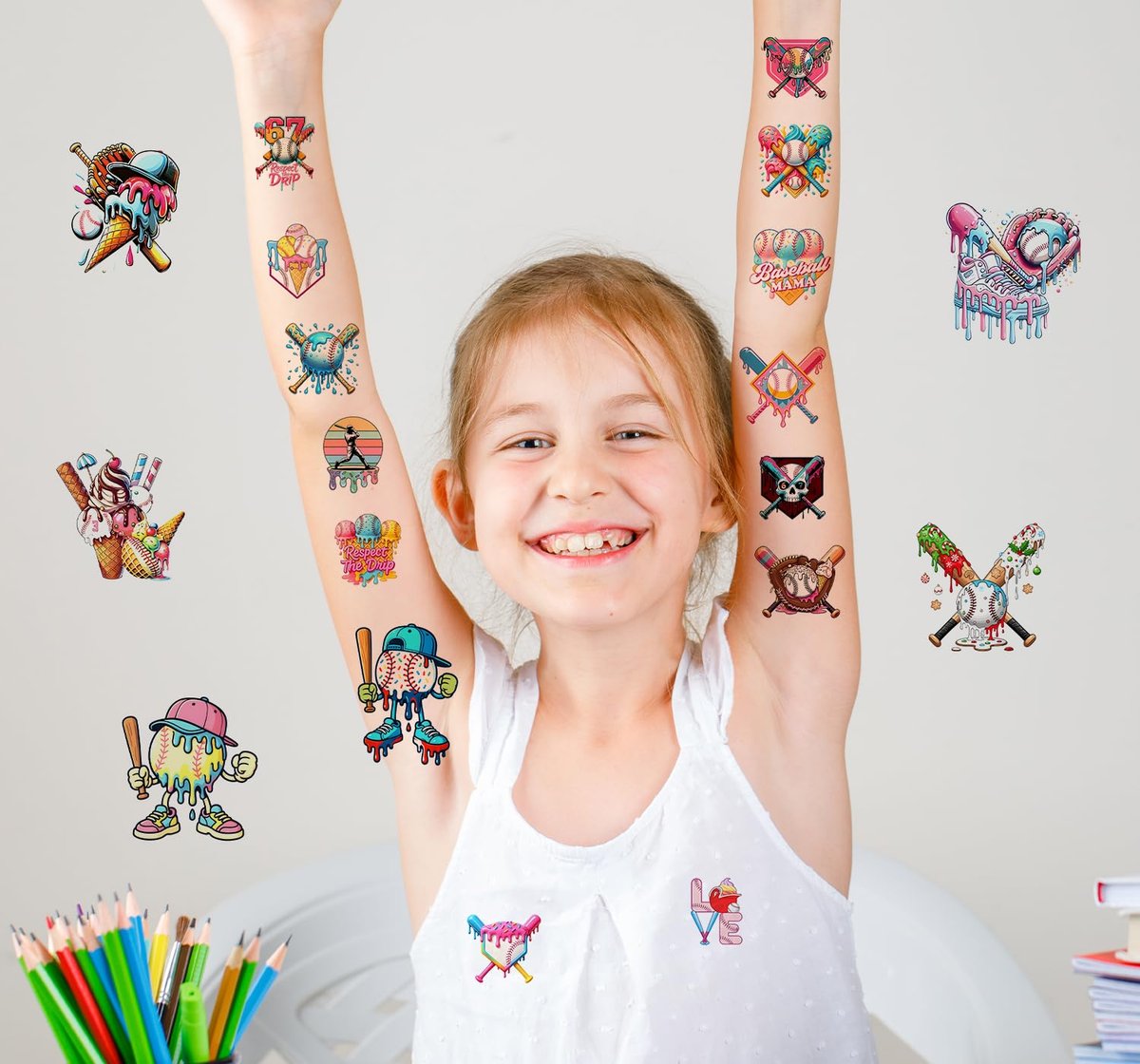 Colorful Baseball Ice Cream Drip Temporary Tattoos Stickers for Sport Team Birthday Party Favors - görsel 11