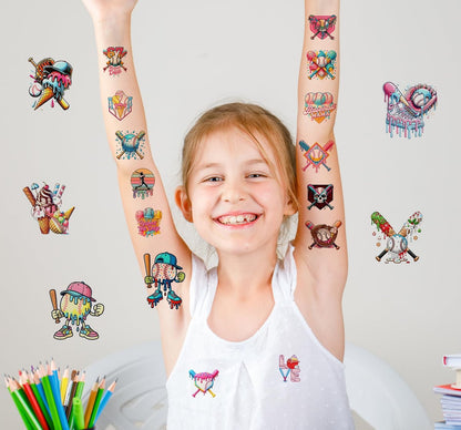 Colorful Baseball Ice Cream Drip Temporary Tattoos Stickers for Sport Team Birthday Party Favors