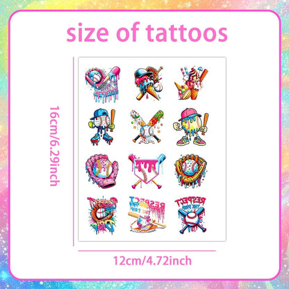 Colorful Baseball Ice Cream Drip Temporary Tattoos Stickers for Sport Team Birthday Party Favors