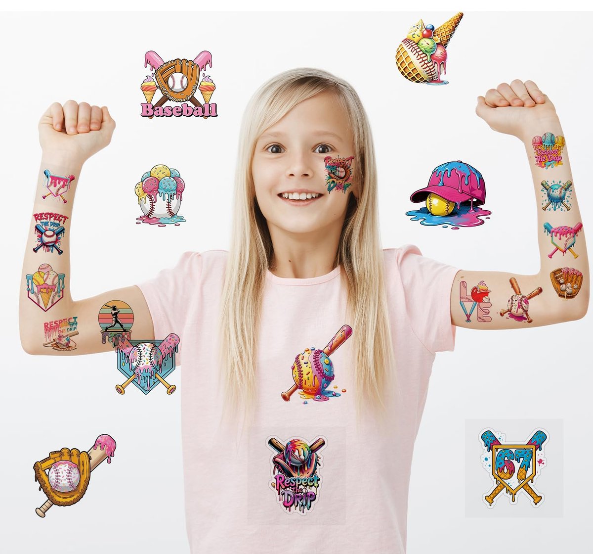 Colorful Baseball Ice Cream Drip Temporary Tattoos Stickers for Sport Team Birthday Party Favors - görsel 9