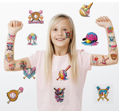 Colorful Baseball Ice Cream Drip Temporary Tattoos Stickers for Sport Team Birthday Party Favors