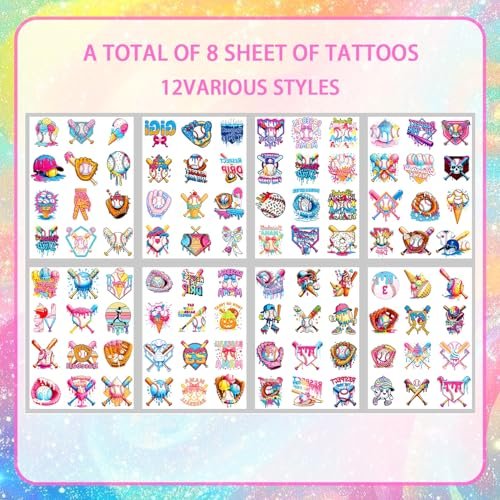 Colorful Baseball Ice Cream Drip Temporary Tattoos Stickers for Sport Team Birthday Party Favors - görsel 8