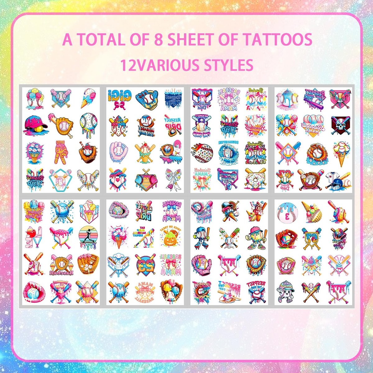 Colorful Baseball Ice Cream Drip Temporary Tattoos Stickers for Sport Team Birthday Party Favors - görsel 7