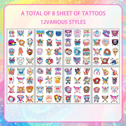 Colorful Baseball Ice Cream Drip Temporary Tattoos Stickers for Sport Team Birthday Party Favors