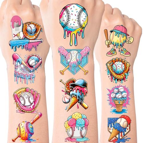 Colorful Baseball Ice Cream Drip Temporary Tattoos Stickers for Sport Team Birthday Party Favors - görsel 2