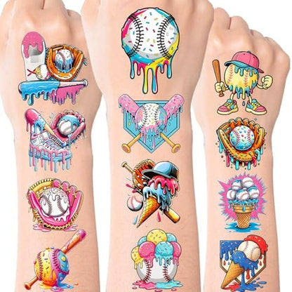 Colorful Baseball Ice Cream Drip Temporary Tattoos Stickers for Sport Team Birthday Party Favors