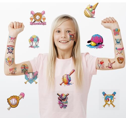 Colorful Baseball Ice Cream Drip Temporary Tattoos Stickers for Sport Team Birthday Party Favors - görsel 10