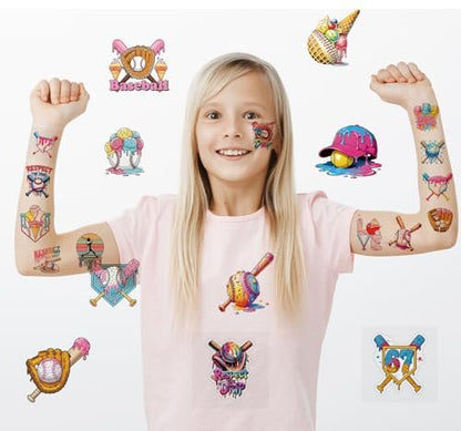 Colorful Baseball Ice Cream Drip Temporary Tattoos Stickers for Sport Team Birthday Party Favors