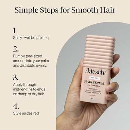Kitsch Frizz Control Hair Serum - Lightweight Anti Frizz Serum for Curly Hair with Heat Protection, Adds Glossy Shine, Smooths Flyaways, Safe for Color Treated Hair - 2.3 fl oz