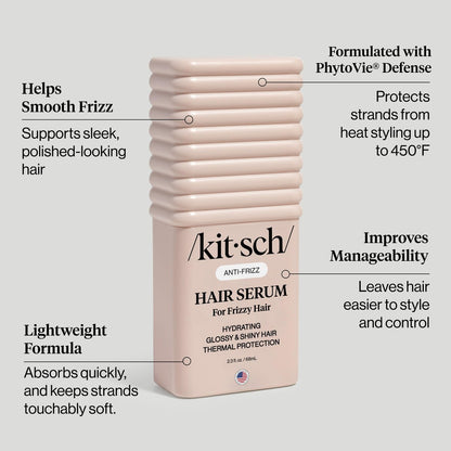 Kitsch Frizz Control Hair Serum - Lightweight Anti Frizz Serum for Curly Hair with Heat Protection, Adds Glossy Shine, Smooths Flyaways, Safe for Color Treated Hair - 2.3 fl oz