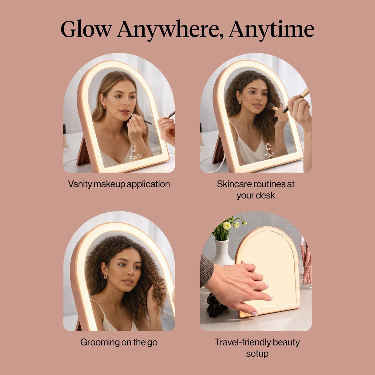 Kitsch Arch Desk Vanity Mirror with Lights - LED Makeup Mirror, Touch Sensor Dimmable, Rechargeable, Terracotta Avelisse