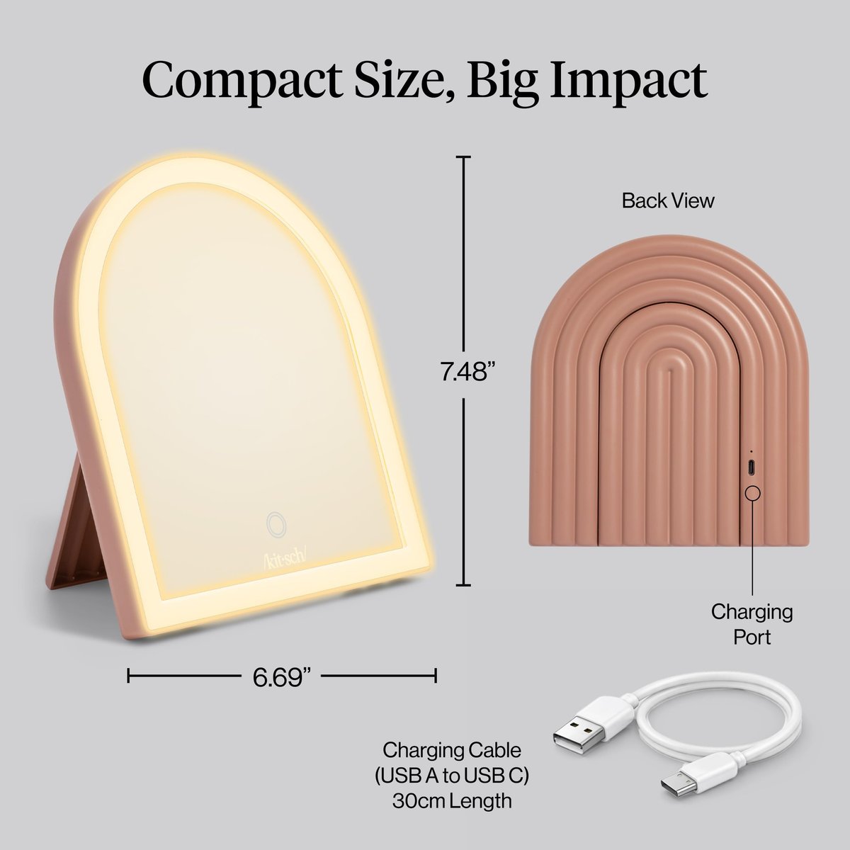 Kitsch Arch Desk Vanity Mirror with Lights - LED Makeup Mirror, Touch Sensor Dimmable, Rechargeable, Terracotta Avelisse