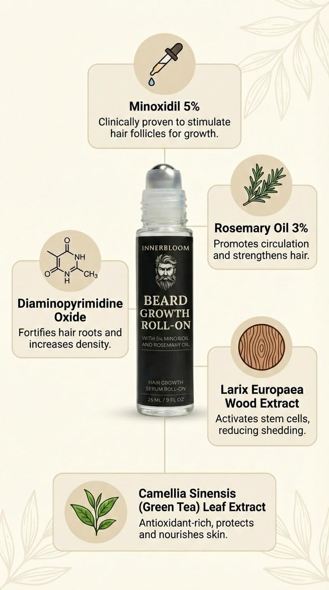Innerbloom Minoxidil 5% Beard Growth Roll-On with Rosemary Oil – Ultra Portable Beard Roller for Men Avelisse