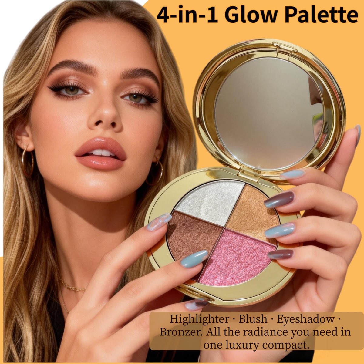 viviyoo 4-Color Highlighter & Blush Palette - Shimmer Eyeshadow Makeup Kit, 2-in-1 Face Illuminator Powder with Mirror, Long-Lasting Diamond Glow, Portable Travel Size for Natural Radiance (Gold) - görsel 3