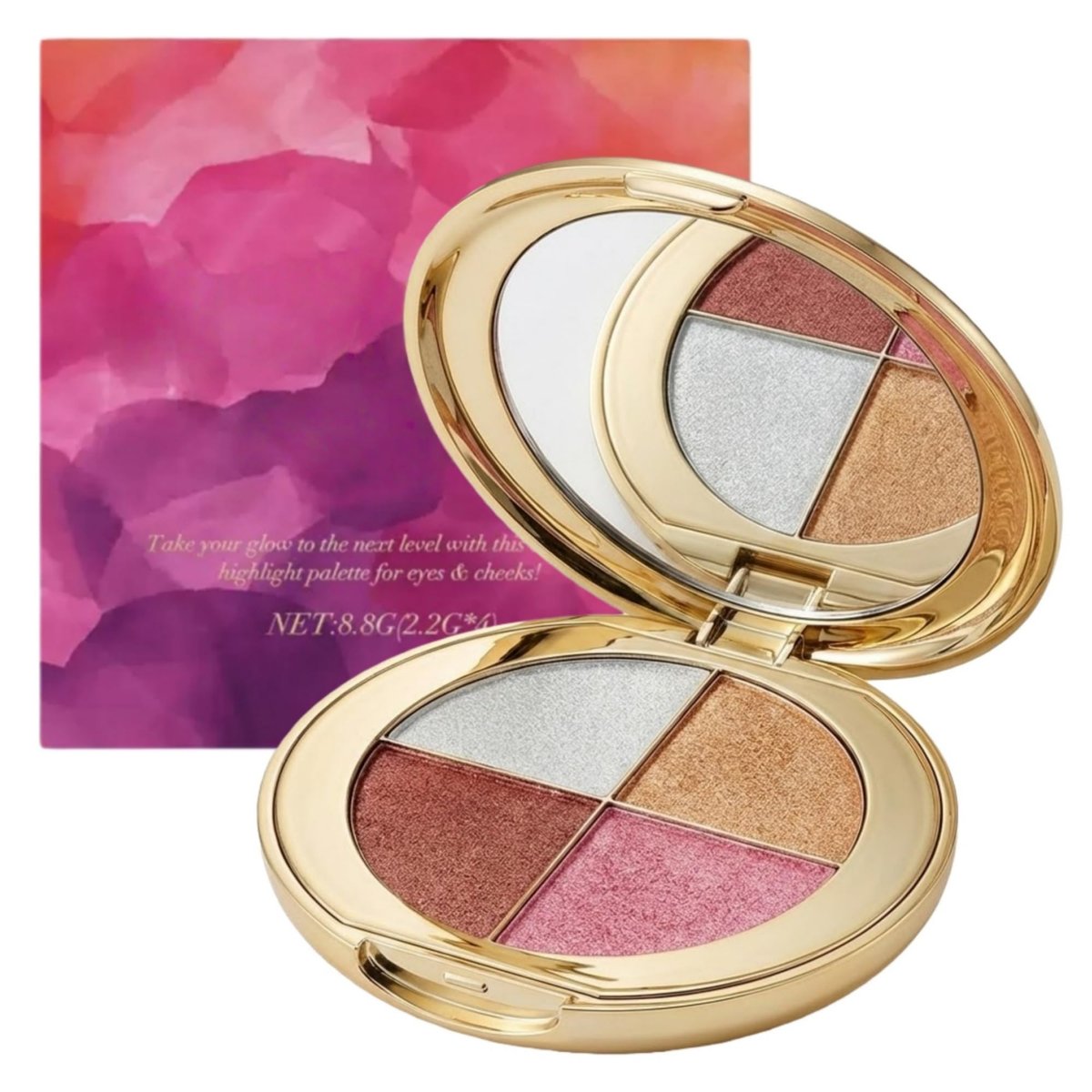 viviyoo 4-Color Highlighter & Blush Palette - Shimmer Eyeshadow Makeup Kit, 2-in-1 Face Illuminator Powder with Mirror, Long-Lasting Diamond Glow, Portable Travel Size for Natural Radiance (Gold) - görsel 1