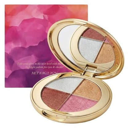 viviyoo 4-Color Highlighter & Blush Palette - Shimmer Eyeshadow Makeup Kit, 2-in-1 Face Illuminator Powder with Mirror, Long-Lasting Diamond Glow, Portable Travel Size for Natural Radiance (Gold)