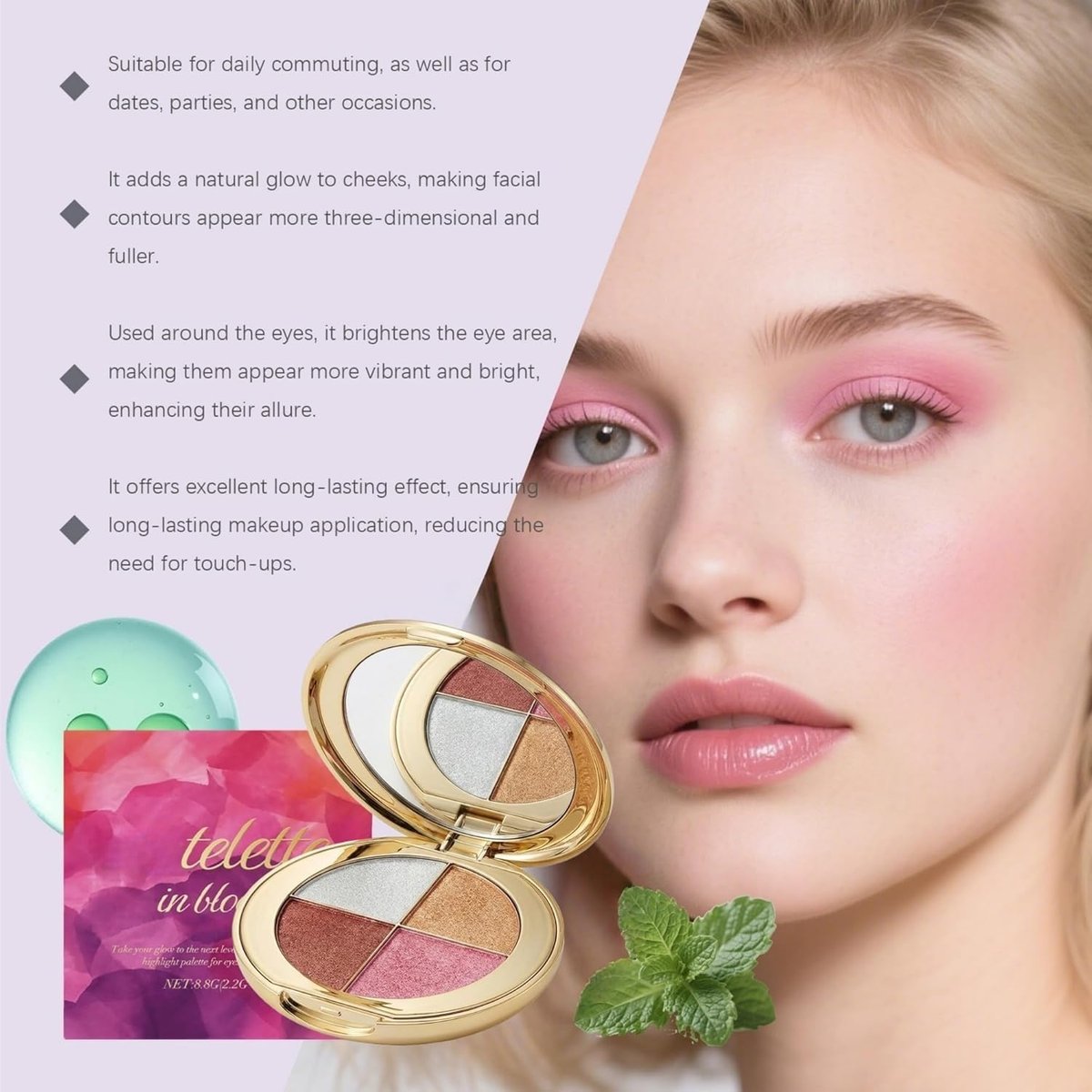 viviyoo 4-Color Highlighter & Blush Palette - Shimmer Eyeshadow Makeup Kit, 2-in-1 Face Illuminator Powder with Mirror, Long-Lasting Diamond Glow, Portable Travel Size for Natural Radiance (Gold) - görsel 11