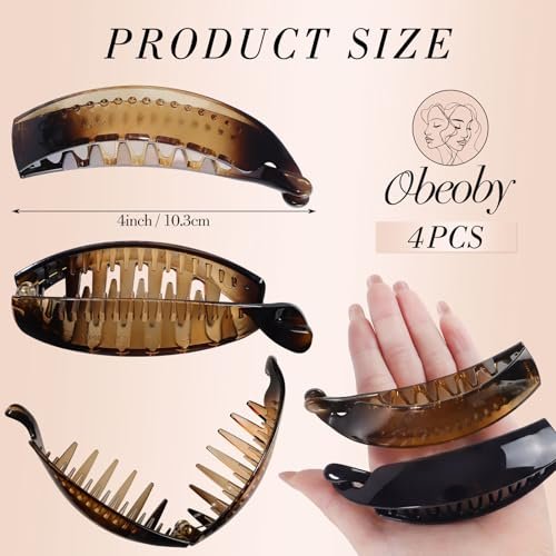 Obeoby 4 Pack Banana Clip - 4 Inch Hair Clips for Women & Girls, Retro 80s Ponytail Hair Clips for Thick Hair, Durable Plastic Claw Clips (Black, White, Brown) Avelisse