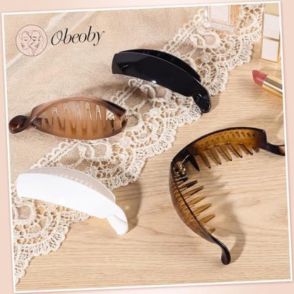 Obeoby 4 Pack Banana Clip - 4 Inch Hair Clips for Women & Girls, Retro 80s Ponytail Hair Clips for Thick Hair, Durable Plastic Claw Clips (Black, White, Brown) Avelisse