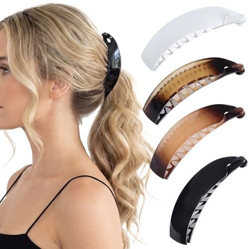 Obeoby 4 Pack Banana Clip - 4 Inch Hair Clips for Women & Girls, Retro 80s Ponytail Hair Clips for Thick Hair, Durable Plastic Claw Clips (Black, White, Brown) Avelisse