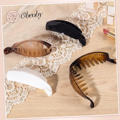 Obeoby 4 Pack Banana Clip - 4 Inch Hair Clips for Women & Girls, Retro 80s Ponytail Hair Clips for Thick Hair, Durable Plastic Claw Clips (Black, White, Brown) Avelisse