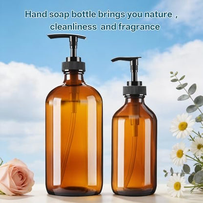 GIVAMEIHF 8oz Amber Glass Dispenser Bottles 3-Pack - Refillable Soap Dispenser with Drip-Free Pump for Kitchen & Bathroom