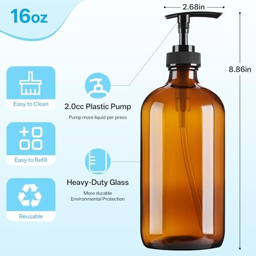 GIVAMEIHF Amber Glass Dispenser Bottles 2-Pack, 16oz Refillable Soap Dispensers with Pump - Brown Glass Containers for Kitchen, Bathroom, Dish Soap, Lotion, Shampoo, Conditioner & Body Wash - görsel 4