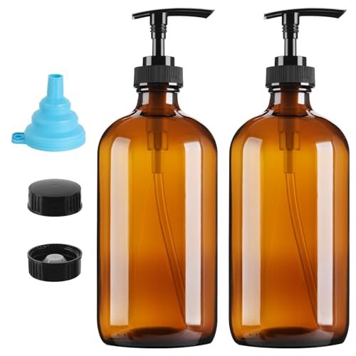 GIVAMEIHF Amber Glass Dispenser Bottles 2-Pack, 16oz Refillable Soap Dispensers with Pump - Brown Glass Containers for Kitchen, Bathroom, Dish Soap, Lotion, Shampoo, Conditioner & Body Wash - görsel 2