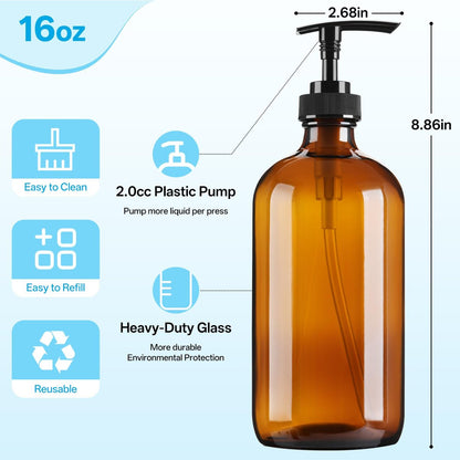GIVAMEIHF Amber Glass Dispenser Bottles 2-Pack, 16oz Refillable Soap Dispensers with Pump - Brown Glass Containers for Kitchen, Bathroom, Dish Soap, Lotion, Shampoo, Conditioner & Body Wash