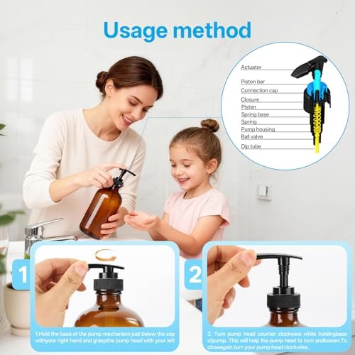 GIVAMEIHF Amber Glass Dispenser Bottles 2-Pack, 16oz Refillable Soap Dispensers with Pump - Brown Glass Containers for Kitchen, Bathroom, Dish Soap, Lotion, Shampoo, Conditioner & Body Wash - görsel 6