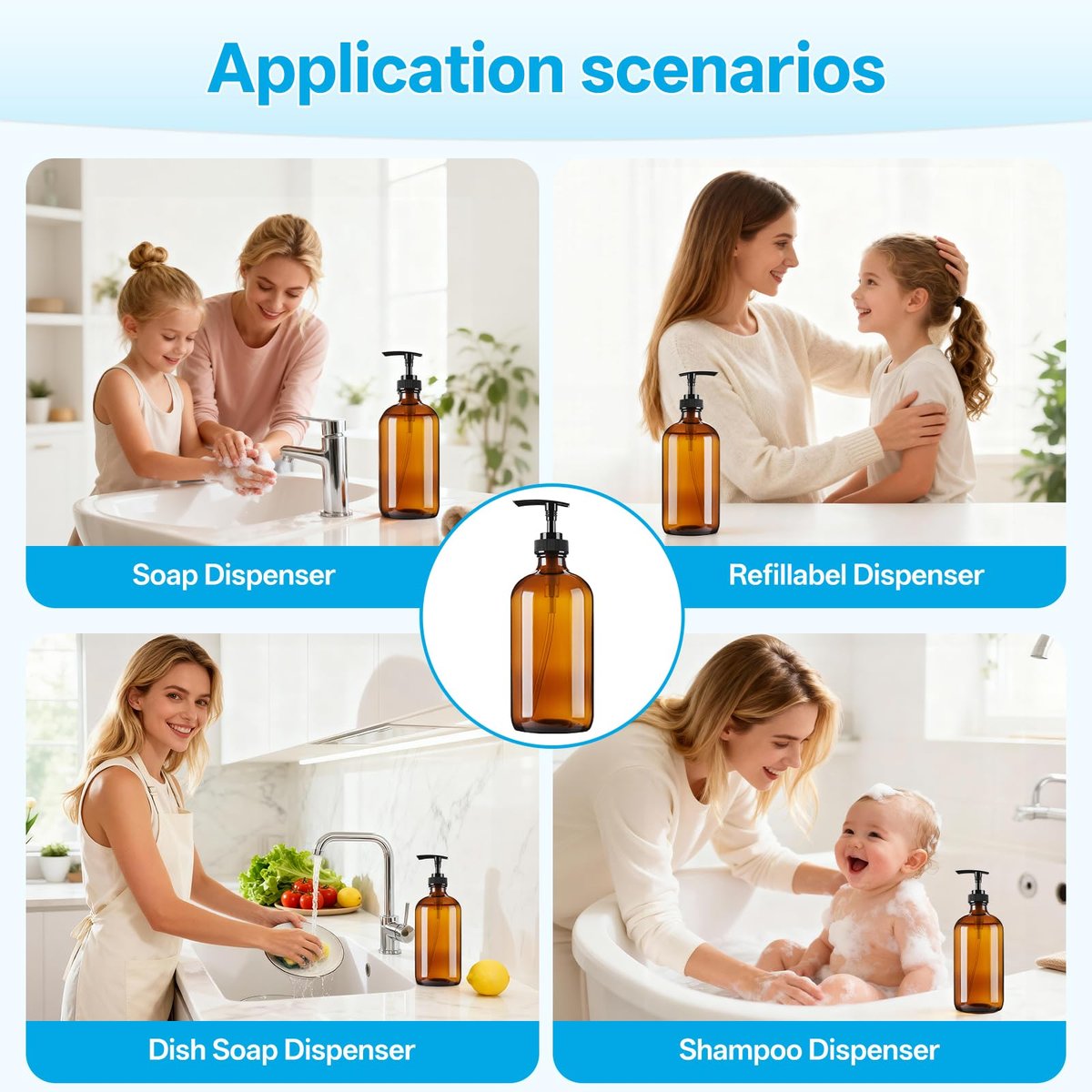 GIVAMEIHF Amber Glass Dispenser Bottles 2-Pack, 16oz Refillable Soap Dispensers with Pump - Brown Glass Containers for Kitchen, Bathroom, Dish Soap, Lotion, Shampoo, Conditioner & Body Wash - görsel 7