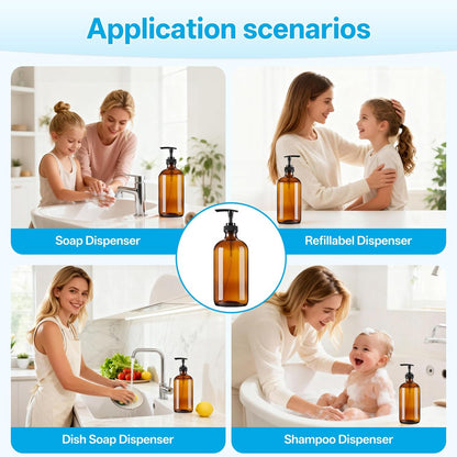 GIVAMEIHF Amber Glass Dispenser Bottles 2-Pack, 16oz Refillable Soap Dispensers with Pump - Brown Glass Containers for Kitchen, Bathroom, Dish Soap, Lotion, Shampoo, Conditioner & Body Wash